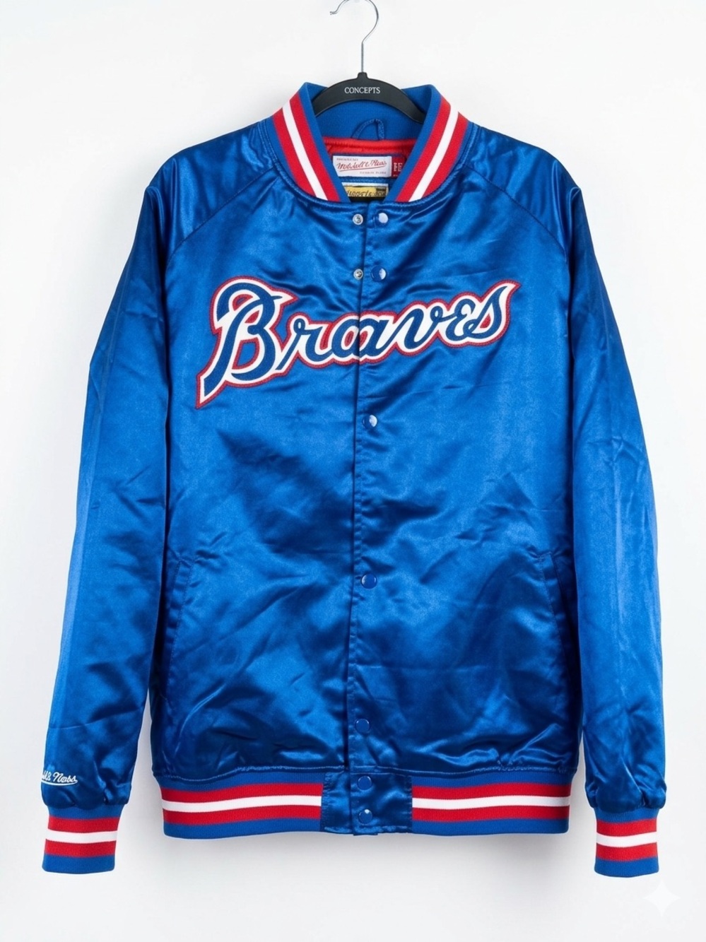 Mitchell & Ness Braves Satin Bomber Jacket - Blue with Red & White Trim